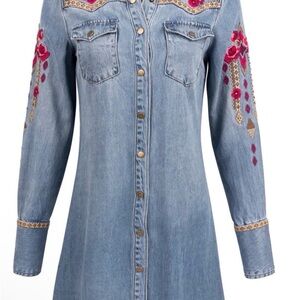 Stetson Blue Denim Dress with Pink Embroidery